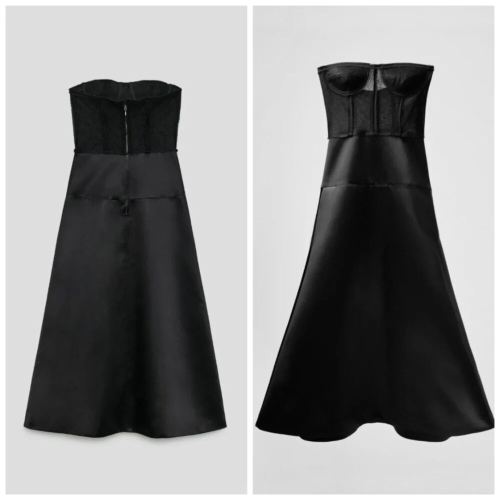 ZARA NWT Black Satin Corset Midi Dress XS Strapless Sheer Bustier Cocktail Party